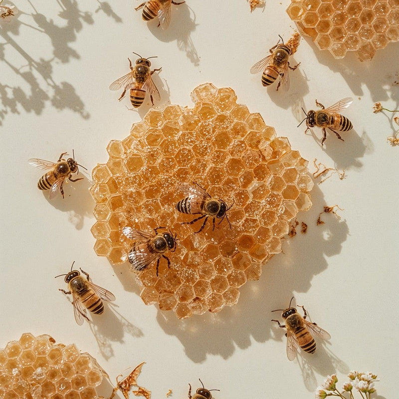 Bees and honeycomb on cream