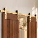 Light Gold double barn door hardware kit, angled view of two doors on one rail