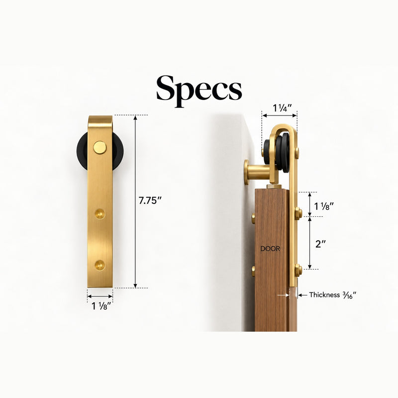 Mini barn door hanger specs: 7.75 inch tall, 1 1/8 inch wide, 3/16 inch thick