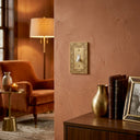 A Gatsby toggle switch plate on a warm terracotta wall beside a cozy reading chair