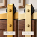 Dark Gold and Light Gold barn door hangers side by side on a dark wood door, Dark Gold shown as the finish you are viewing