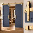 Navy double barn doors on a Light Gold track, with close-ups of the brushed gold hanger, roller and stopper