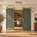 Sizing for the Light Gold double barn door kit: 5 inch clearance above the rail and door thickness 1 3/8 to 1 3/4 inch