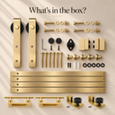 What's in the box for the Light Gold double door kit: brushed gold track in 4 pieces, hangers, stoppers, mounting hardware, 2 pull handles and 2 floor guides