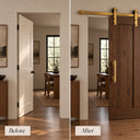 Before and after: a standard hinged door replaced by a sliding barn door with Dark Gold barn door hardware and handle