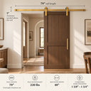 Dark Gold barn door hardware kit on a walnut door with rail length, max door weight, door width and door thickness callouts