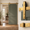Dark Gold barn door hardware kit on a sage green sliding door, with close-ups of the hanger and stopper