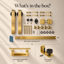 What's in the box for the Dark Gold Track Kit + Handle & Floor Guide: brushed gold track in 4 pieces, hangers, rollers, stoppers, handle kit and floor guide