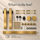 What is in the box: Dark Gold barn door track kit hardware laid flat