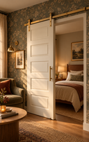 Dark Gold barn door hardware on a white five-panel sliding door in a living room with green floral wallpaper, opening to a bedroom