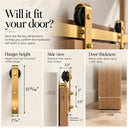 Will it fit your door? Dark Gold barn door hanger height, side view and door thickness dimensions