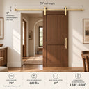Light Gold 79 inch barn door rail measurements: 5 inch clearance above the rail, 220 lb max door weight, 40 inch max door width, 1 3/8 to 1 3/4 inch door thickness
