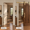 Before and after: a hinged doorway replaced by a dark wood sliding barn door on a Light Gold rail with a gold pull handle