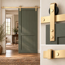 Sage green barn door on a Light Gold rail, with close-ups of the Light Gold hanger and stopper