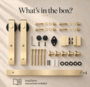 What is in the box for the Light Gold Track Kit Only: 2 hangers, rail in 4 pieces, mounting hardware, stoppers and instructions