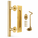 Gold 12 inch barn door pull handle with hook-and-eye privacy latch and flush pull
