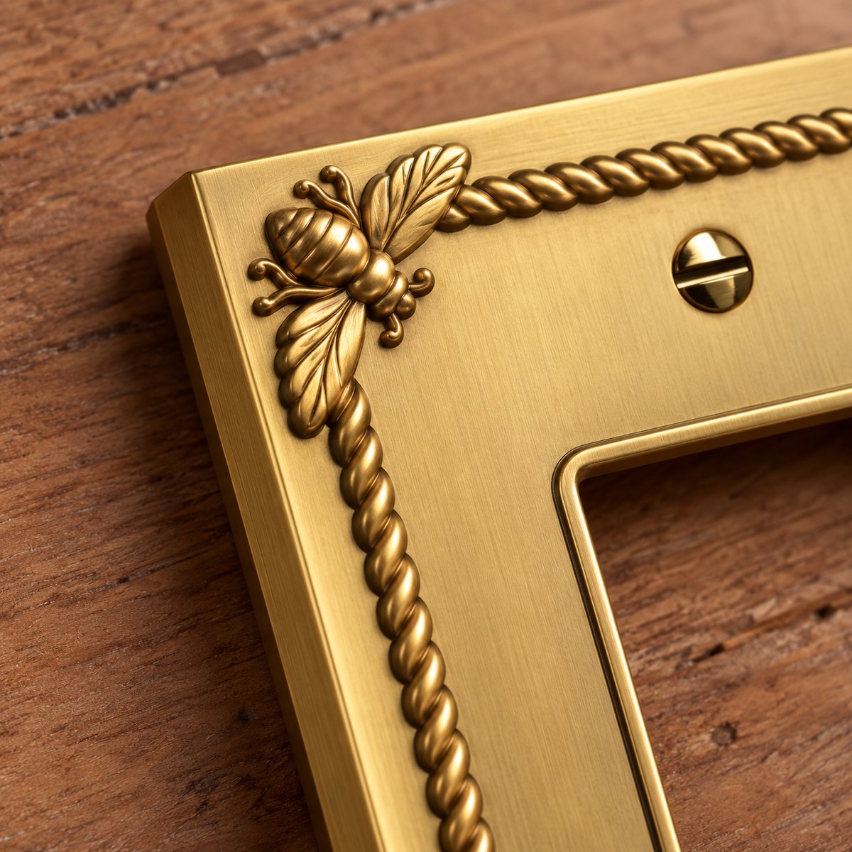Close-up of a Honey Bee wall plate in Brushed Gold, showing the bee and rope border
