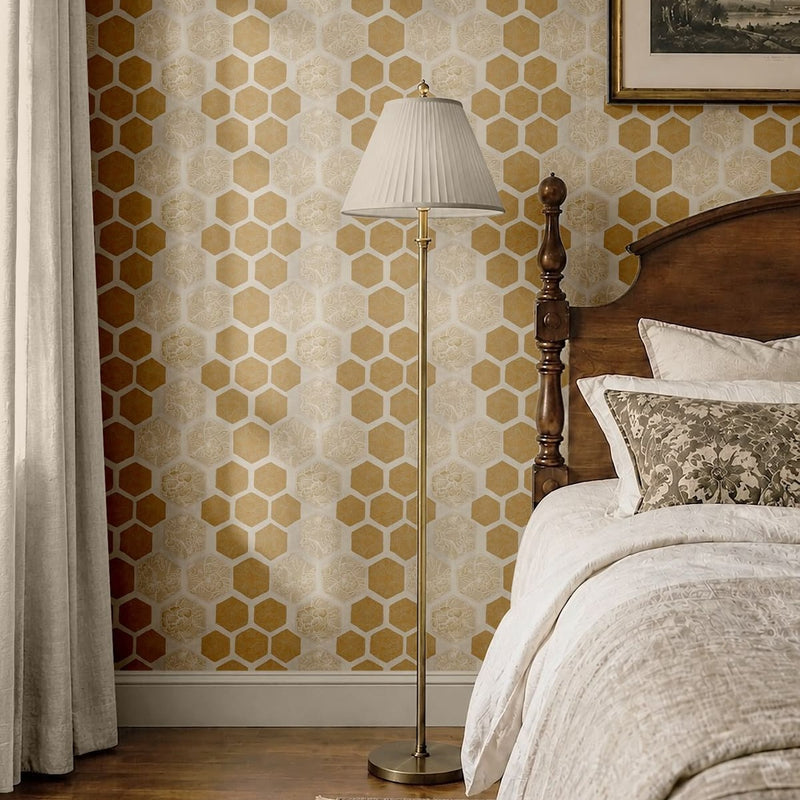 Bedroom with honeycomb wallpaper
