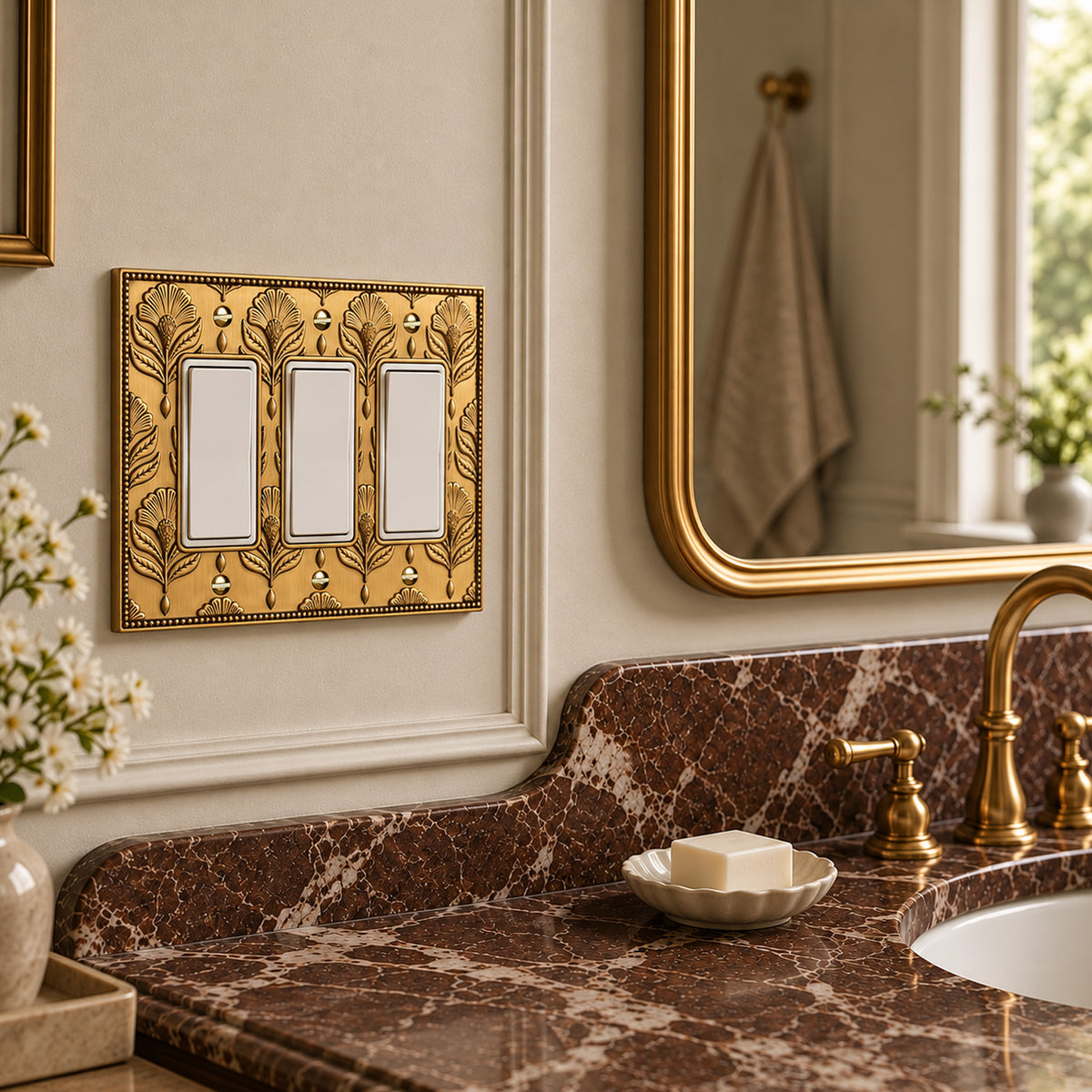 Nouveau 3-gang rocker switch plate in Brushed Gold above a marble bathroom vanity with gold faucet