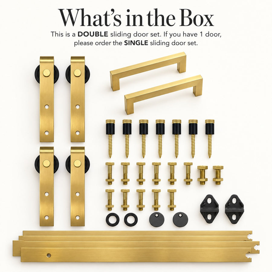 Gold mini barn door kit for two cabinet doors, what's in the box: rail sections, 4 hangers with rollers, mounting hardware, 2 pull handles and 2 floor guides