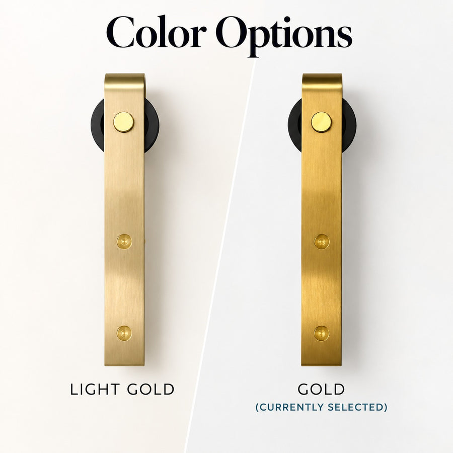 Mini barn door hardware color options, Light Gold and Gold, with Gold shown as selected