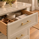 Light Gold 12 in round barn door handles on cream kitchen drawers