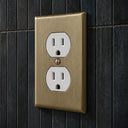 Signature 1-gang duplex outlet cover in Aged Gold installed on a wall